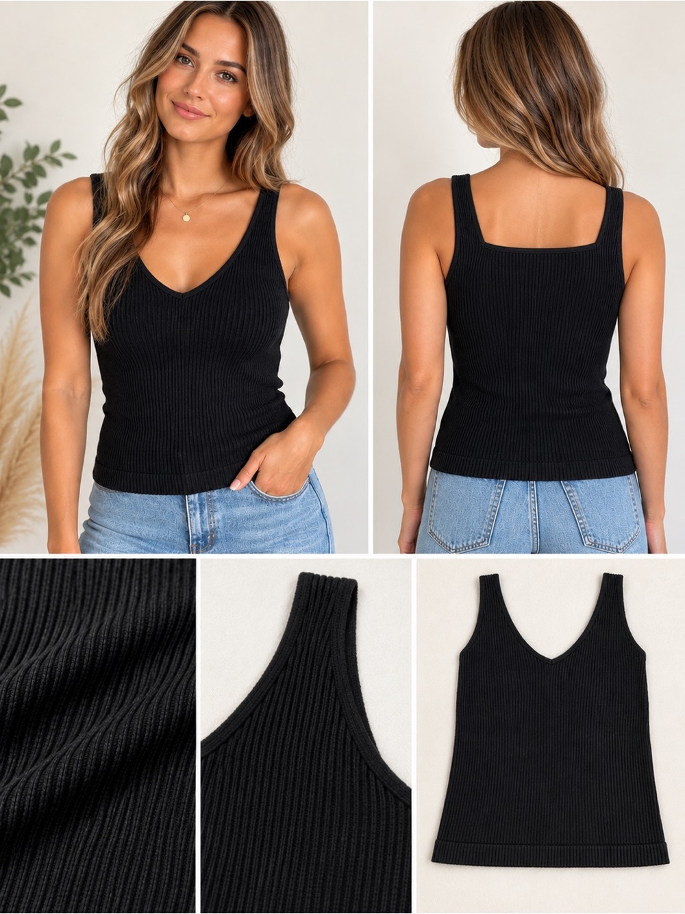 Aura Black Ribbed V-Neck Crop Tank